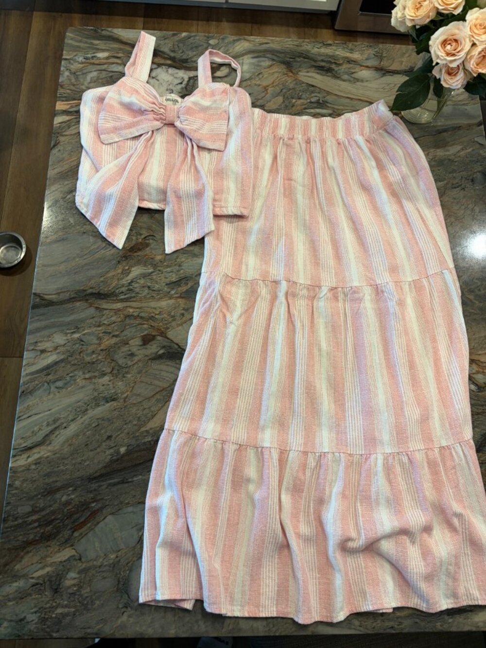 Girls Sleeveless Striped Bow-Accented Linen-Blend Tank Top & Matching Long Skirt
